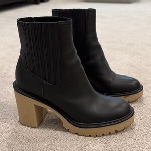 Dolce Vita Black Leather V-Caster Block Heel Boots with Tan Lug Sole